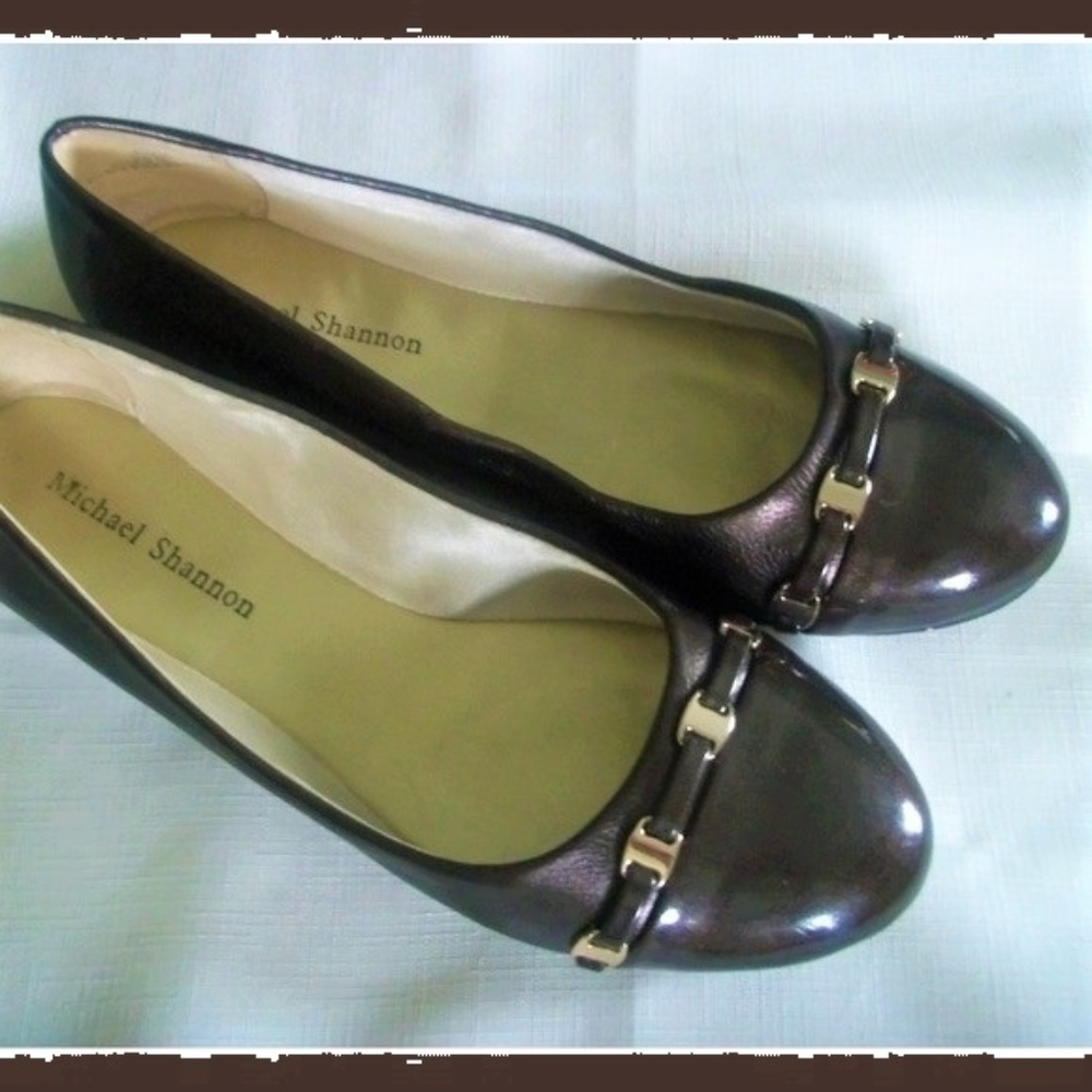 Brown Faux Leather and Patent Gold Buckle Flats